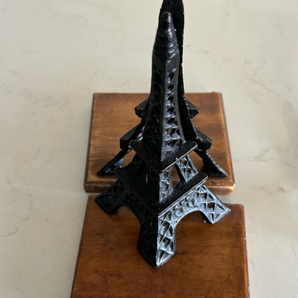 Vintage Eiffel Tower Paris Cast Iron Bookends/ Decor, Wooden Base - Picture 6 of 7